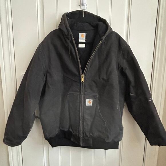 Vtg Carhartt Canvas Hooded Jacket XL TALL Distressed Workwear Paint USA Made - Picture 11 of 15